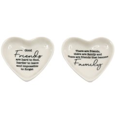 A lovely trinket dish in a heart shape with loving scripted text.