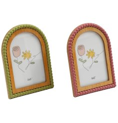 An assortment of 2 beaded photo frames in pink and green colour tones 
