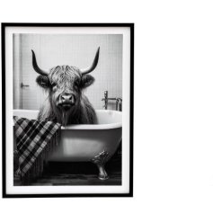 In monochrome colours, this framed canvas featuring a highland cow 