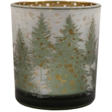 Glass Candle Holder in Forest Design, 8cm
