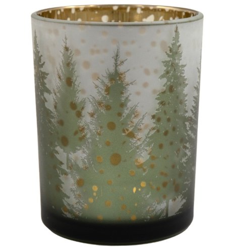 A simple candle holder in dark green colour tones featuring forest trees. 