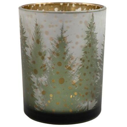 Glass Candle Holder in Forest Design, 12.5cm