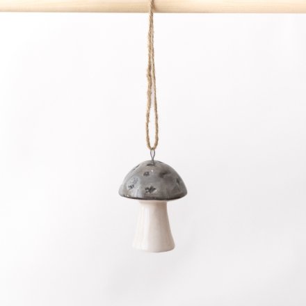 Ceramic Hanging Grey & White Glazed Mushroom, 7cm