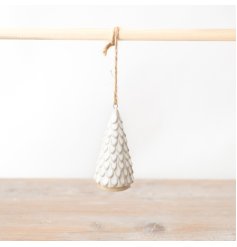 Hung by jute twine, a stylish pinecone style Christmas tree decoration in white finished with a simple glaze.