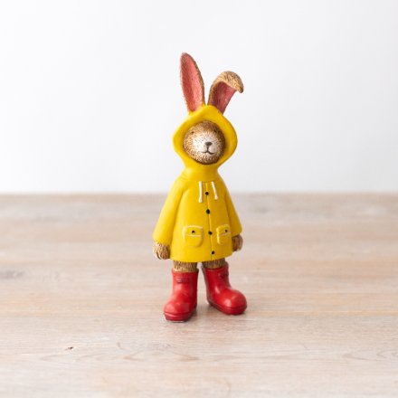 Polyresin Rabbit in raincoat ornament, 14cm