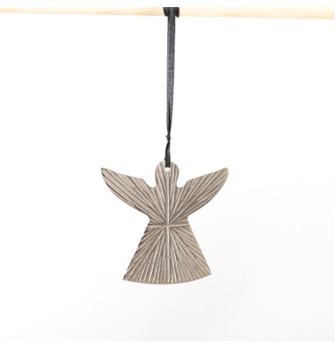 A unique silver angel decoration made from aluminium with a ridged surface and black ribbon hanger. 