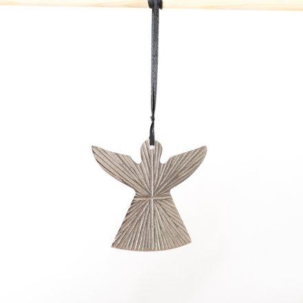 A stylish and elegant angel decoration with a ribbed surface and black hanger.