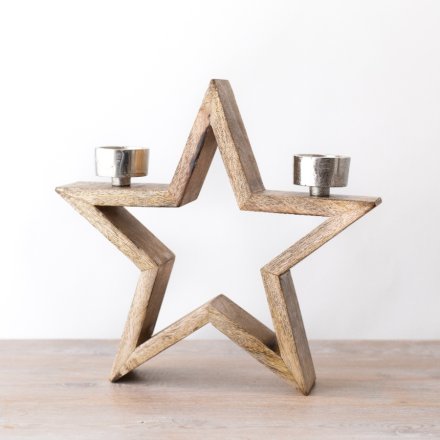 Wooden Star with Tea Light Holders, 28cm