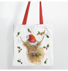 Cotton Reusable Zip Up Bag Christmas Highland Cow Design