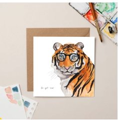 A charming tiger greetings card with the saying "go get them em"