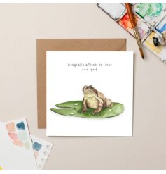 A lovely greetings card, featuring a frog sat on a lilly pad background with the words congratulation on your new pad