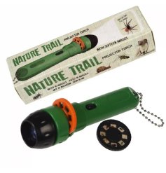A green and black child's projector torch with two projector discs each containing 8 images on each of birds of nature 