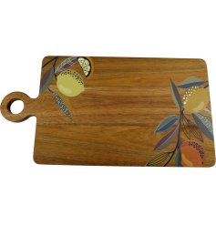 A lovely wooden serving board with citrus patterns and a circular handle. 