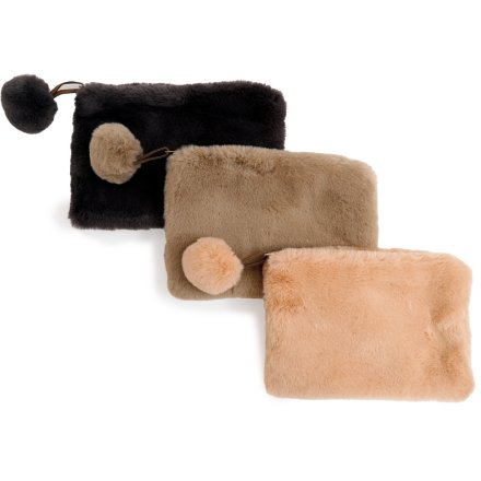 Faux Fur Make Up Bag with Pom Pom, 3/A