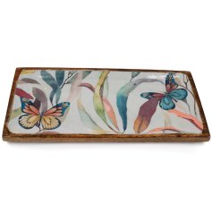 A gorgeous enamel topped wooden tray, decorated with pastel markings and butterfly illustrations