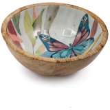 A deep wooden bowl beautifully decorated with a patterned enamel design. 