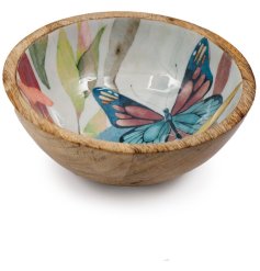 This butterfly themed wooden bowl is great for displaying anywhere in the home. 