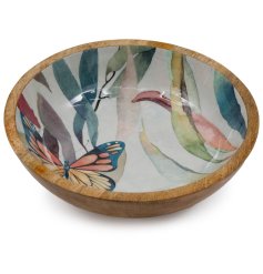 A lovely wooden bowl decorated with an enamel print of butterflies and pastel patterns. 
