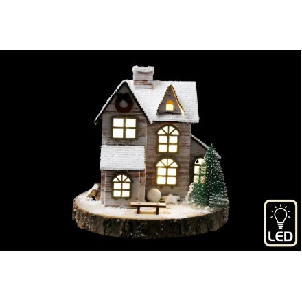 Snowy House Ornament with LED Lights, 16cm 