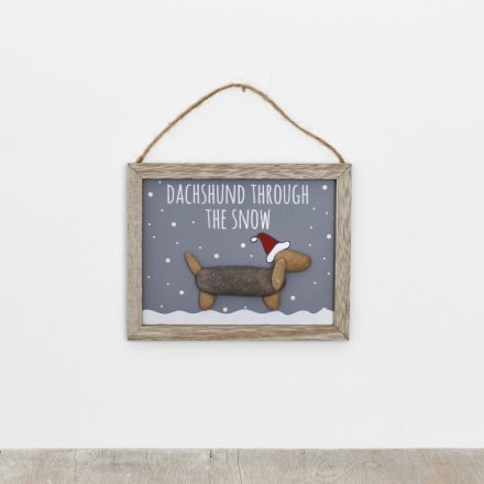 Wood Dachshund Through the Snow Plaque, 15cm