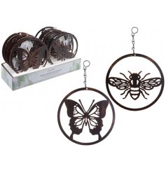 2 assorted metal garden hangers with a rusted bronze finish - perfect for hanging near plants and flowers.