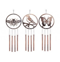 A charming assortment of 3 bronze coloured wind chimes each displaying a cut out animal design. 