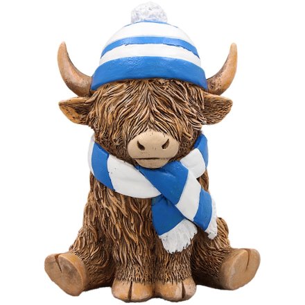 Highland Cow Wearing Blue & White Scarf and Hat