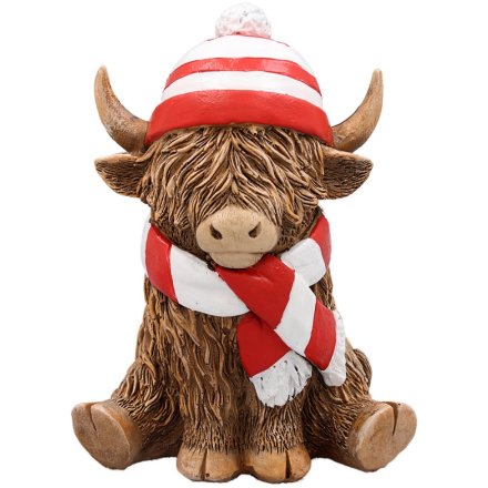 Highland Cow Wearing Striped Scarf and Hat