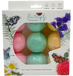 Transform your bath time into a blissful experience with our 9-piece Butterfly Meadows Mini Bath Bomb Set.