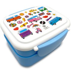 Kid's blue and white lunch box, cool camper bus design.