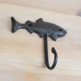 A rustic cast iron hook in a fish design. 