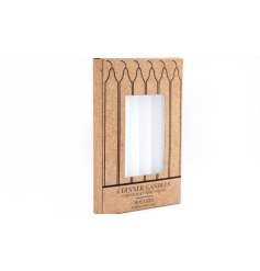 A simplistic set of 6 dinner candles in a brown open case packaging.