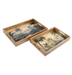 Enhance the decor with this Sepia Palm set of 2 wooden trays. Perfect for serving or displaying items.