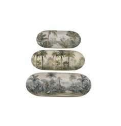 Enhance your interior with this stylish set of 3 trays featuring a stunning palm tree design from the Sepia palm 