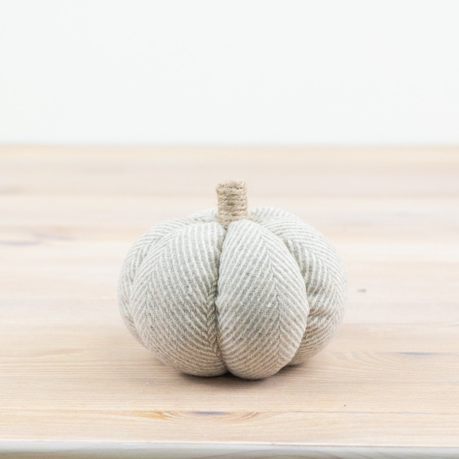 A chic fabric pumpkin with a grey and white herringbone print. Complete with a jute wrapped stalk. 