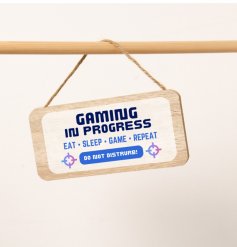 A wooden dangling sign bursting with gaming character! 