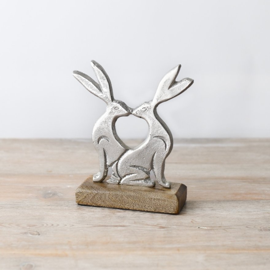 Rabbits Kissing on Wood Base, 17cm 