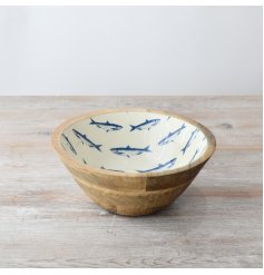 Add a coastal flair to any room with this stunning wooden bowl adorned with an enamel pattern inspired by the ocean. 