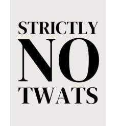 Quirky metal dangler with 'Strictly no twats' in black. Perfect for a good laugh.