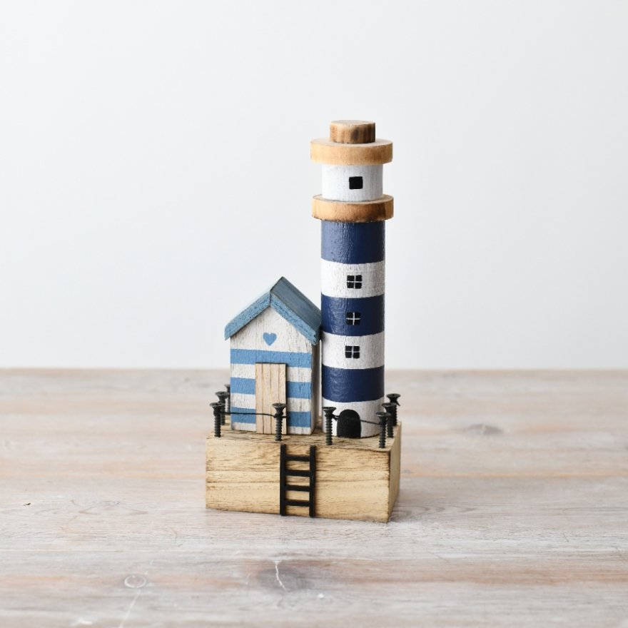 Wood Blue & White Beach Hut and Lighthouse Decor, 21cm