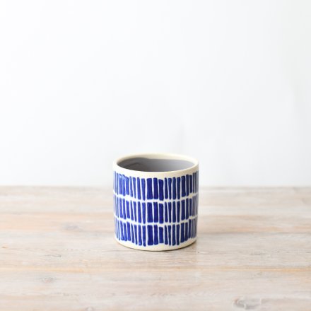 Blue Vertical Lined Stoneware Planter, 8cm 