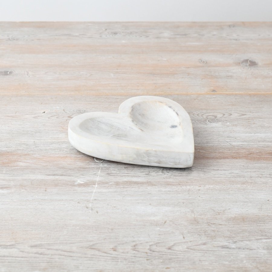 "Add rustic charm to your space with our whitewashed wooden heart trinket dish. Perfect for holding small treasures."