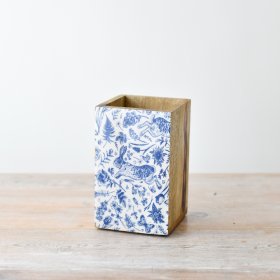 "Handcrafted wooden box featuring a lovely blue and white spring print." 
