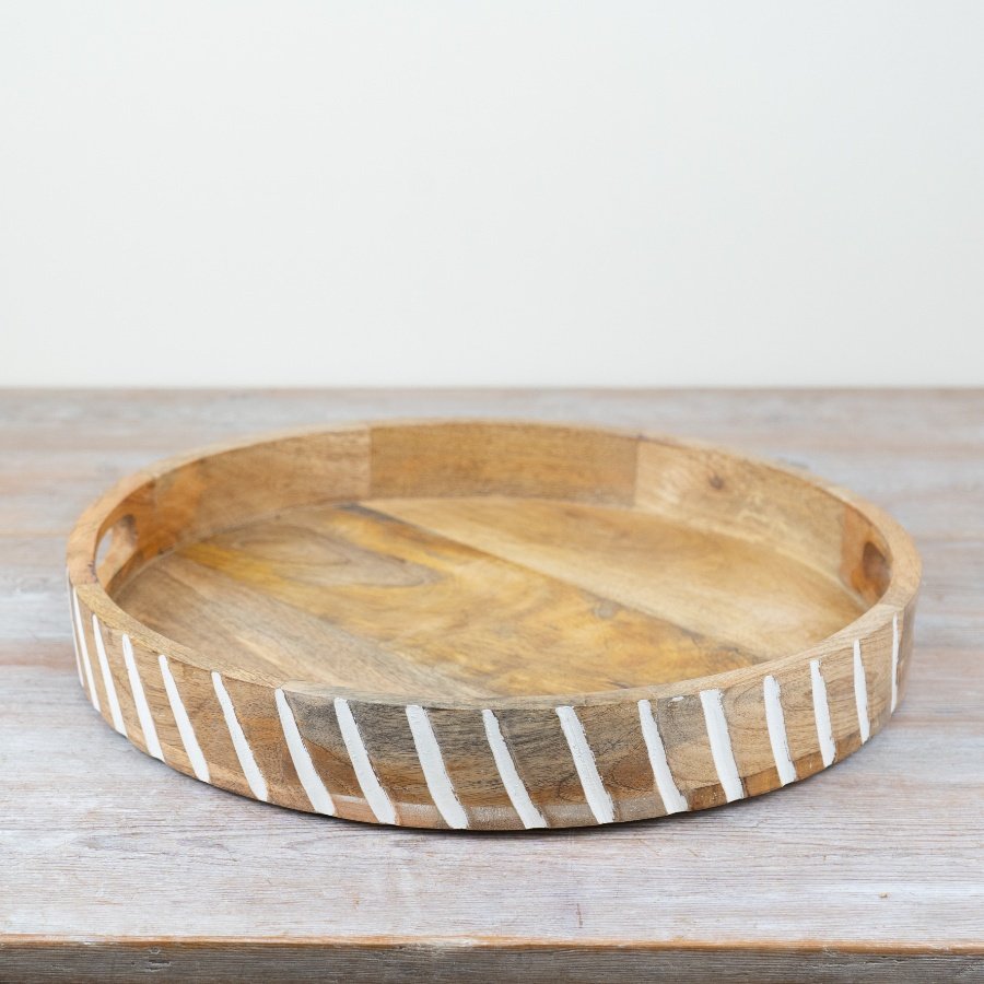 Elevate home decor with our chic wooden tray with a white wash finish. Versatile for serving or displaying.