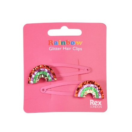 A gorgeous set of 2 hair clips decorated with a glitter rainbow.