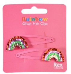 A gorgeous set of 2 hair clips decorated with a glitter rainbow.