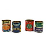 A vintage set of 2 fruit and peas tins.