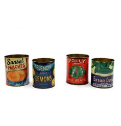 Set of retro cans: 2 vintage tins featuring fruit and peas.