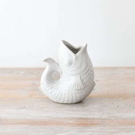 A gorgeous white fish vase finished with a simple glaze. 