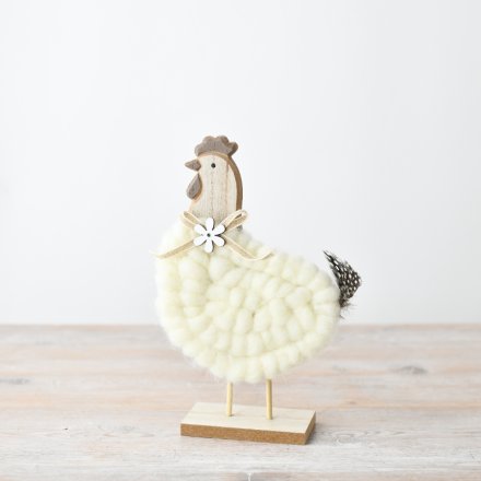 Wool Hen on Wood Base Deco, 21.5cm 